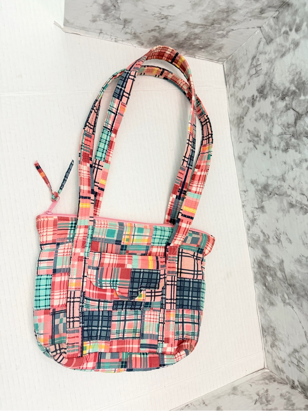 Pink Multi-Plaid Quilted Tote Bag with Front Pocket